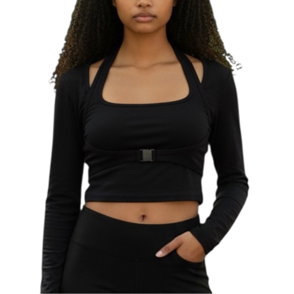 Black Long Sleeve Crop Top w Built In Halter Bra - Buckle - Size M | NWOT